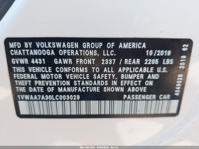 44801806 :رقم المزاد ، 1VWAA7A30LC003029 vin ، 2020 Volkswagen Passat 2.0t S مزاد بيع