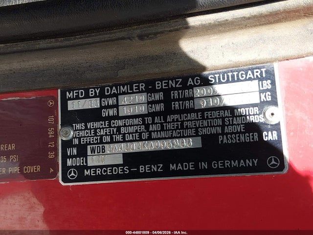 44801809 :رقم المزاد ، WDBBA48D2KA096388 vin ، 1989 Mercedes-benz 560 Sl مزاد بيع