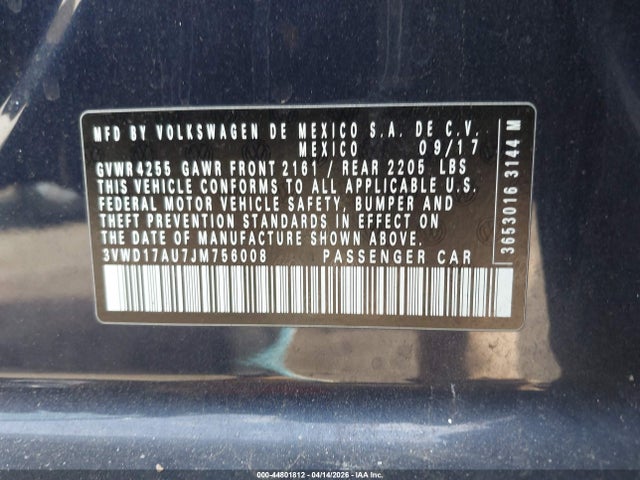Продажа на аукционе авто 2018 Volkswagen Golf Sportwagen Tsi S/tsi Se, vin: 3VWD17AU7JM756008, номер лота: 44801812