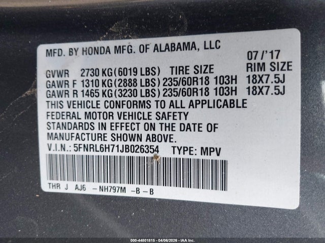 Продаж на аукціоні авто 2018 Honda Odyssey Ex-l, vin: 5FNRL6H71JB026354, номер лоту: 44801815