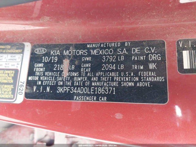 44801821 :رقم المزاد ، 3KPF34AD0LE186371 vin ، 2020 Kia Forte Gt-line مزاد بيع