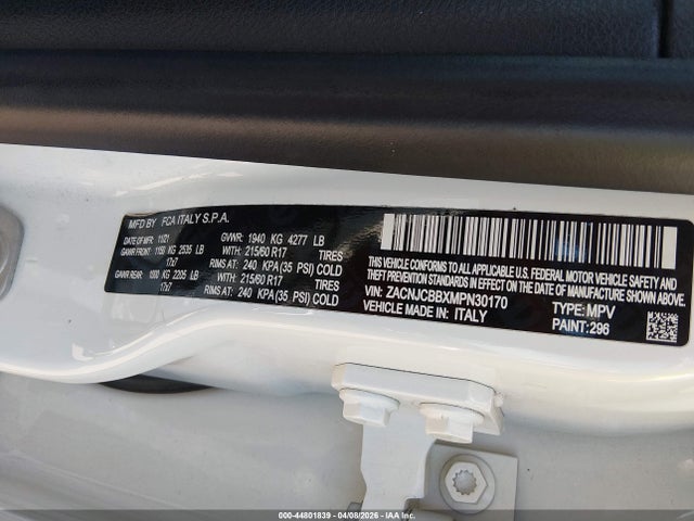 44801839 :رقم المزاد ، ZACNJCBBXMPN30170 vin ، 2021 Jeep Renegade Latitude Fwd مزاد بيع