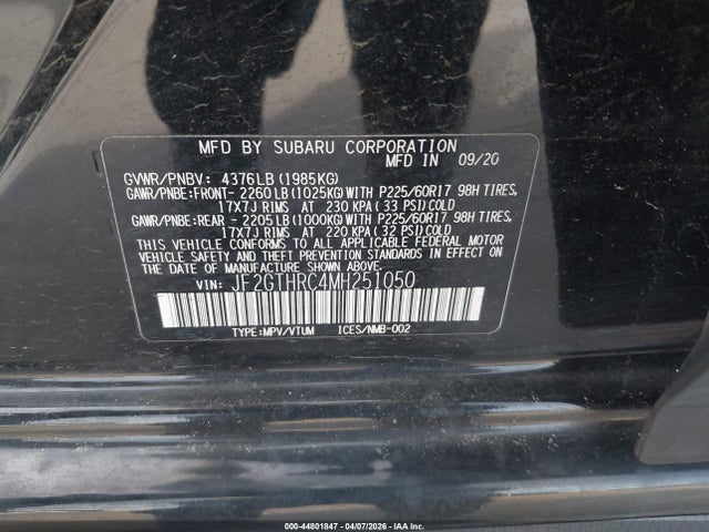 Aukcja sprzedaży 2021 Subaru Crosstrek Sport, vin: JF2GTHRC4MH251050, numer aukcji: 44801847