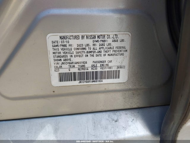 Aukcja sprzedaży 2010 Infiniti G37x, vin: JN1CV6AR1AM461624, numer aukcji: 44801849