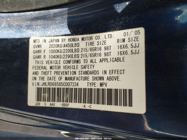 2005 HONDA CR-V JHLRD68585C007334 Photo 8