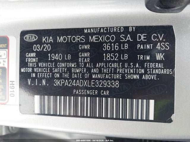 44801866 :رقم المزاد ، 3KPA24ADXLE329338 vin ، 2020 Kia Rio S مزاد بيع