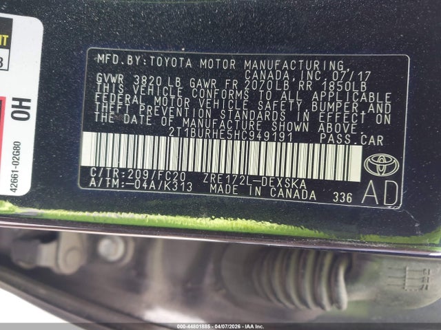 44801885 :رقم المزاد ، 2T1BURHE5HC949191 vin ، 2017 Toyota Corolla Se مزاد بيع