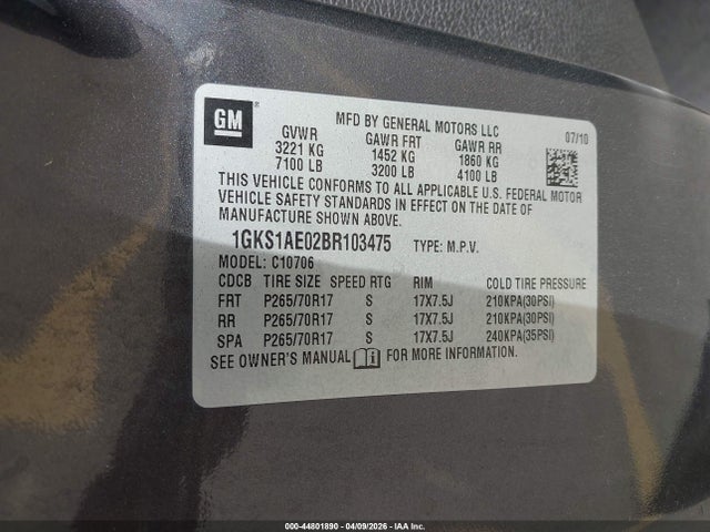 44801890 :رقم المزاد ، 1GKS1AE02BR103475 vin ، 2011 Gmc Yukon Sle مزاد بيع
