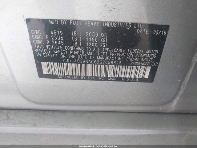 2016 Subaru Legacy 2.5i Premium მანქანა იყიდება აუქციონზე, vin: 4S3BNAC62G3058815, აუქციონის ნომერი: 44801899