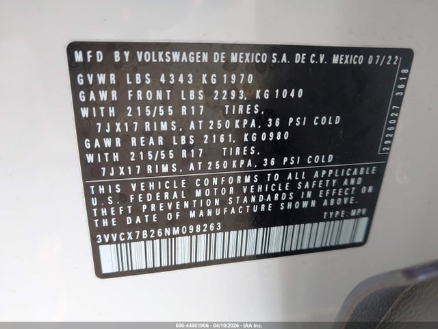 Продаж на аукціоні авто 2022 Volkswagen Taos 1.5t S, vin: 3VVCX7B26NM098263, номер лоту: 44801906