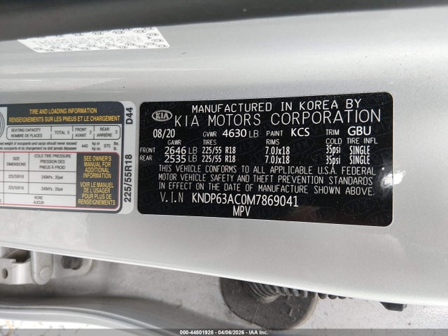 Продажа на аукционе авто 2021 Kia Sportage S, vin: KNDP63AC0M7869041, номер лота: 44801928