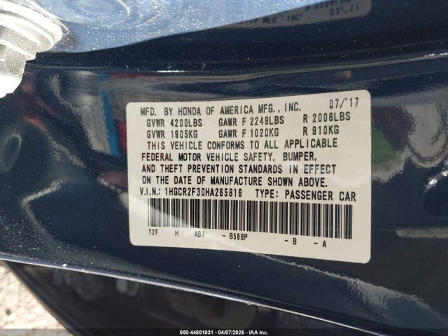 Продажа на аукционе авто 2017 Honda Accord Lx, vin: 1HGCR2F30HA265816, номер лота: 44801931