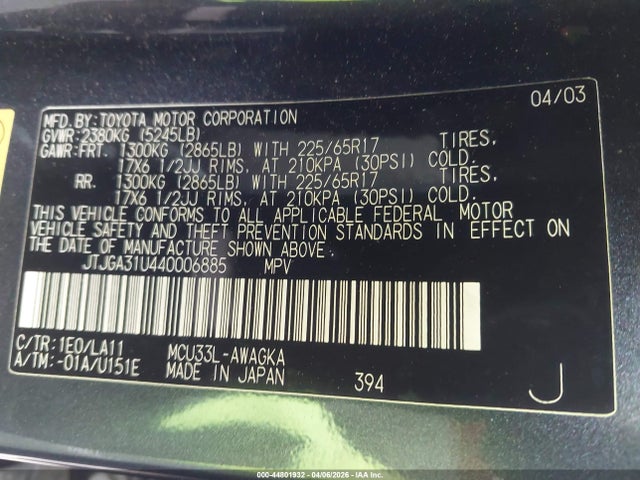 44801932 :رقم المزاد ، JTJGA31U440006885 vin ، 2004 Lexus Rx 330 مزاد بيع