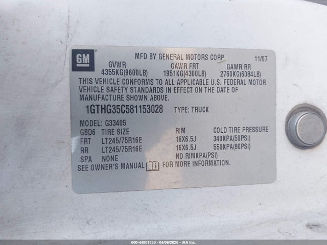 44801950 :رقم المزاد ، 1GTHG35C581153028 vin ، 2008 Gmc Savana Work Van مزاد بيع