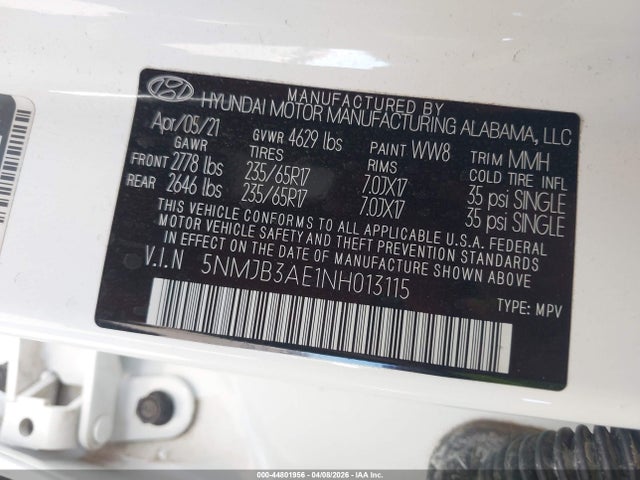 5NMJB3AE1NH013115 Hyundai TUCSON SEL