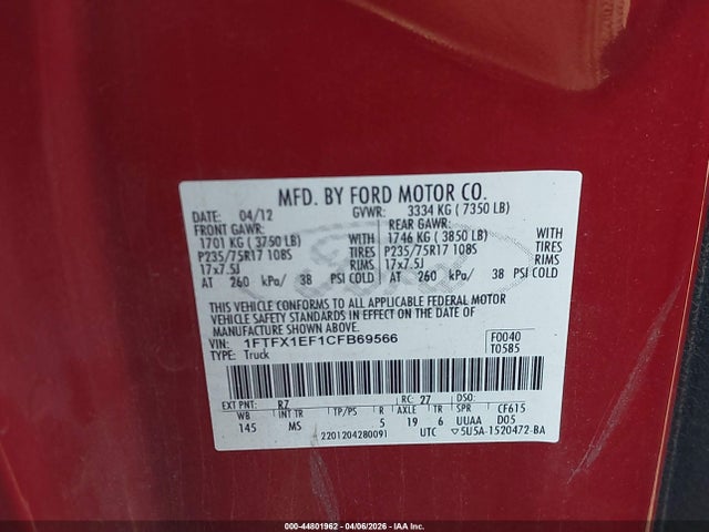 2012 FORD F-150 1FTFX1EF1CFB69566 Photo 8