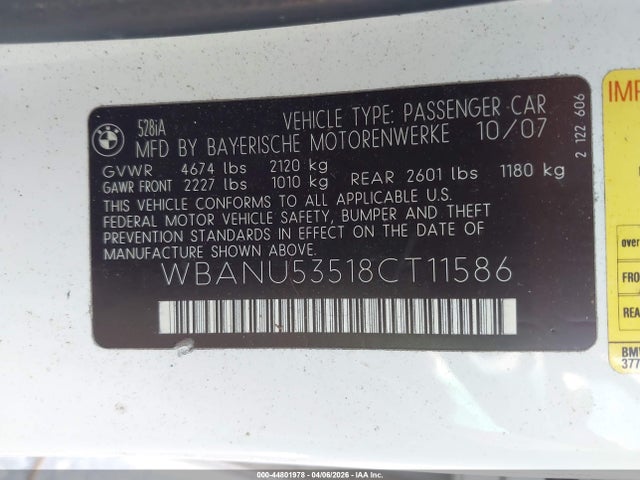 Продаж на аукціоні авто 2008 Bmw 528i, vin: WBANU53518CT11586, номер лоту: 44801978