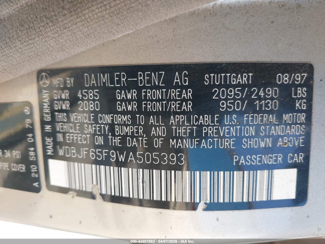 Aukcja sprzedaży 1998 Mercedes-benz E 320, vin: WDBJF65F9WA505393, numer aukcji: 44801982