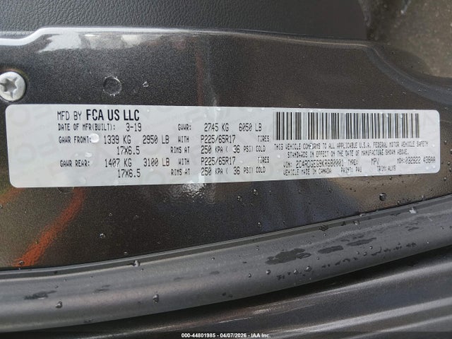 Auction sale of the 2019 Dodge Grand Caravan Gt, vin: 2C4RDGEG9KR680001, lot number: 44801985