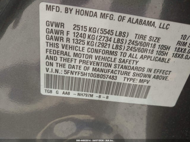 2016 HONDA PILOT 5FNYF5H10GB057483 Photo 8