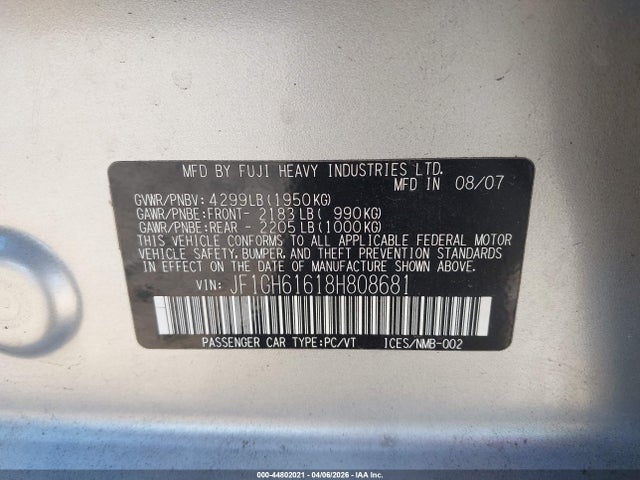 Продаж на аукціоні авто 2008 Subaru Impreza 2.5i, vin: JF1GH61618H808681, номер лоту: 44802021