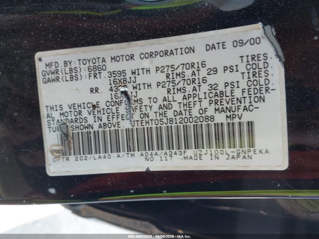 2001 TOYOTA LAND CRUISER JTEHT05J812002088 Photo 8