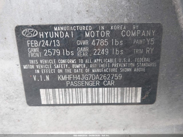 2013 Hyundai Azera მანქანა იყიდება აუქციონზე, vin: KMHFH4JG7DA262759, აუქციონის ნომერი: 44802034