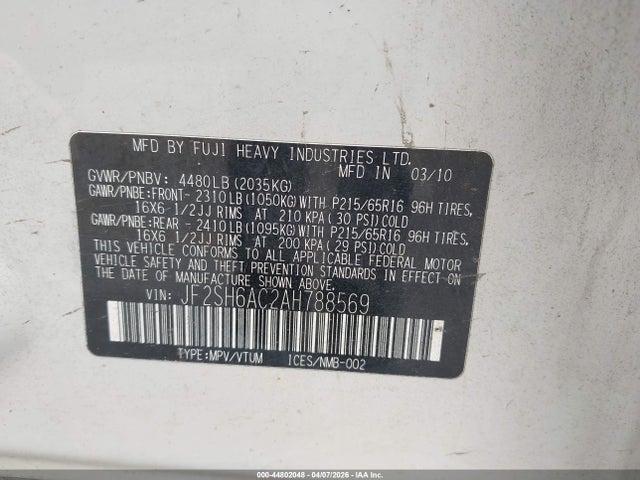 Aukcja sprzedaży 2010 Subaru Forester 2.5x, vin: JF2SH6AC2AH788569, numer aukcji: 44802048