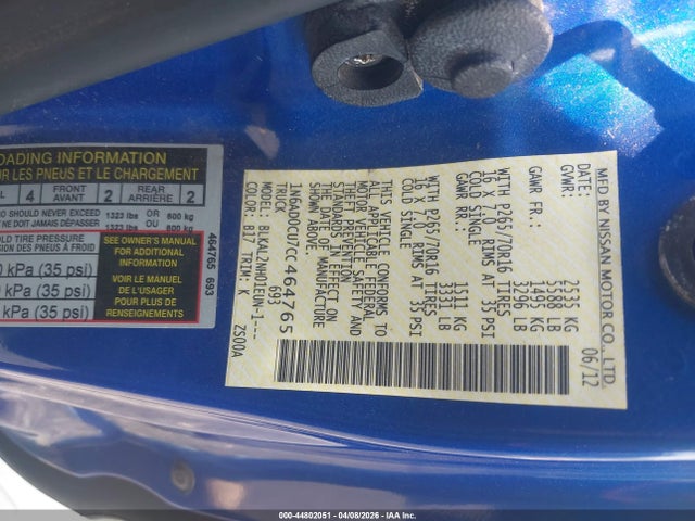 44802051 :رقم المزاد ، 1N6AD0CU7CC464765 vin ، 2012 Nissan Frontier Sv مزاد بيع