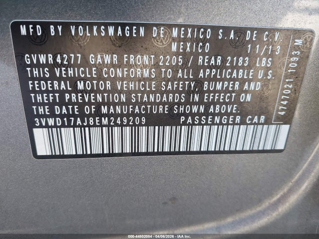 Aukcja sprzedaży 2014 Volkswagen Jetta 1.8t Se, vin: 3VWD17AJ8EM249209, numer aukcji: 44802084
