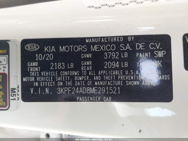 2021 Kia Forte Lxs მანქანა იყიდება აუქციონზე, vin: 3KPF24AD8ME291521, აუქციონის ნომერი: 44802088