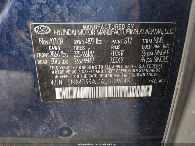 2020 Hyundai Santa Fe Sel მანქანა იყიდება აუქციონზე, vin: 5NMS33AD6LH199045, აუქციონის ნომერი: 44802089