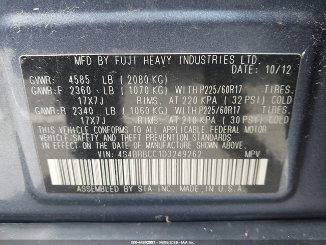 44802091 :رقم المزاد ، 4S4BRBCC1D3249262 vin ، 2013 Subaru Outback 2.5i Premium مزاد بيع