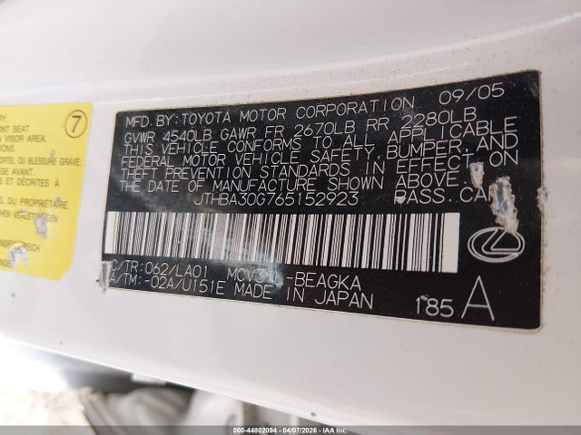 Продажа на аукционе авто 2006 Lexus Es 330, vin: JTHBA30G765152923, номер лота: 44802094