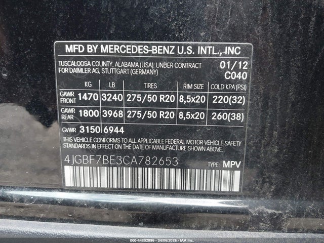 44802096 :رقم المزاد ، 4JGBF7BE3CA782653 vin ، 2012 Mercedes-benz Gl 450 4matic مزاد بيع