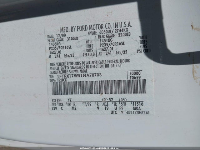 Aukcja sprzedaży 2001 Ford F-150 Lariat/xl/xlt, vin: 1FTRX17W51NA78703, numer aukcji: 44802105