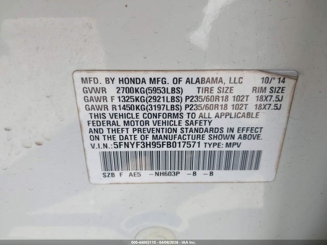Продажа на аукционе авто 2015 Honda Pilot Touring, vin: 5FNYF3H95FB017571, номер лота: 44802110