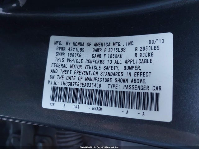 1HGCR2F83EA036408 Honda Accord Ex-l