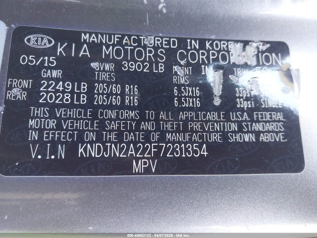 2015 Kia Soul მანქანა იყიდება აუქციონზე, vin: KNDJN2A22F7231354, აუქციონის ნომერი: 44802122