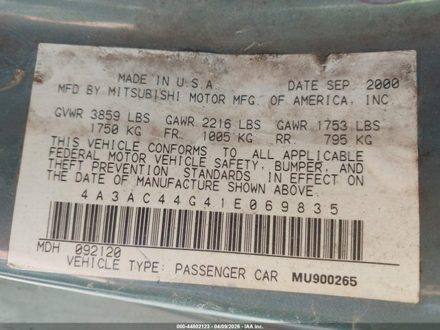 2001 MITSUBISHI ECLIPSE 4A3AC44G41E069835 Photo 8