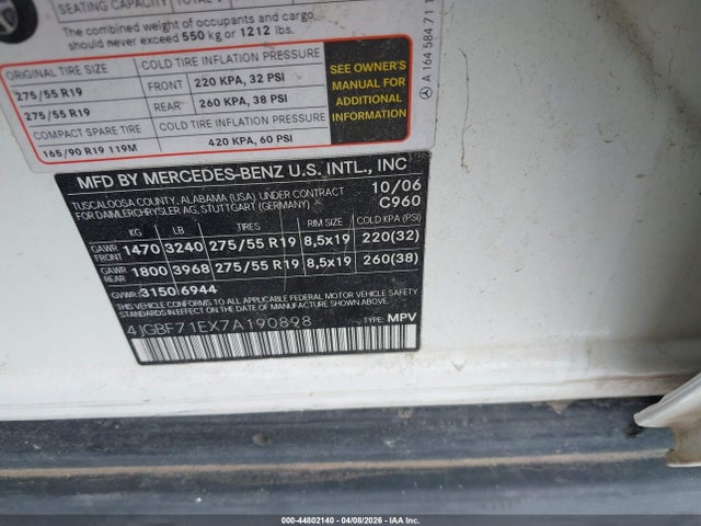 Auction sale of the 2007 Mercedes-benz Gl 450 4matic, vin: 4JGBF71EX7A190898, lot number: 44802140