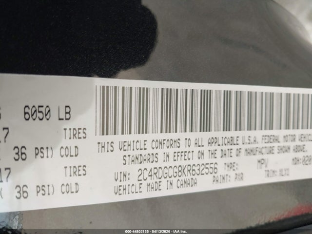 Auction sale of the 2019 Dodge Grand Caravan Sxt, vin: 2C4RDGCG8KR632556, lot number: 44802155