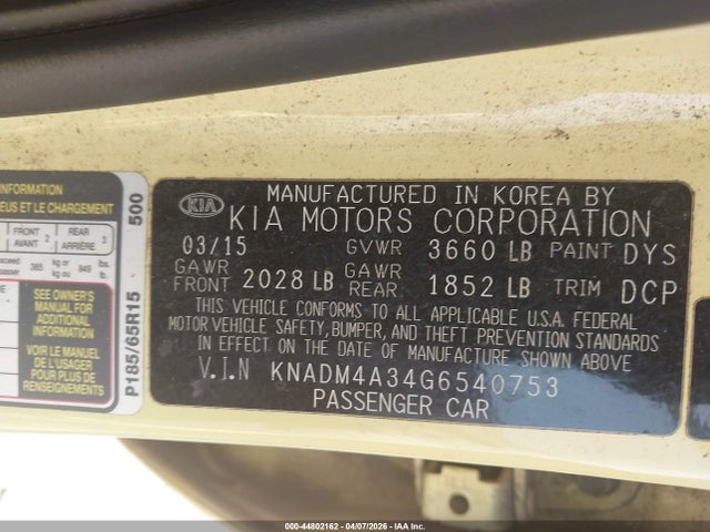 Aukcja sprzedaży 2016 Kia Rio Lx, vin: KNADM4A34G6540753, numer aukcji: 44802162