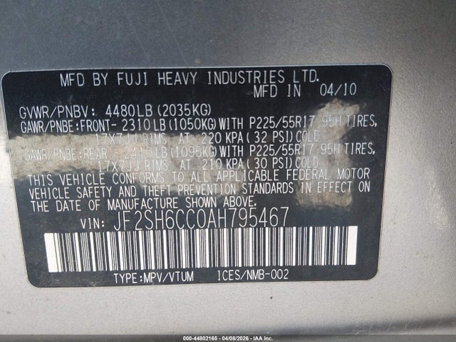 Продажа на аукционе авто 2010 Subaru Forester 2.5x Premium, vin: JF2SH6CC0AH795467, номер лота: 44802165