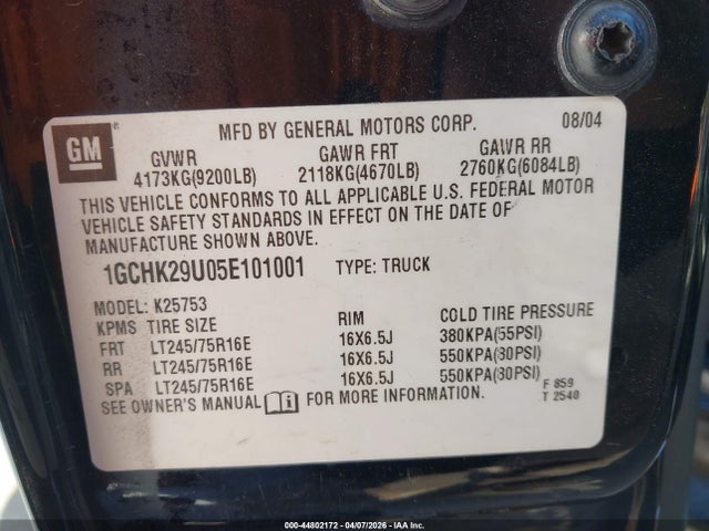 Aukcja sprzedaży 2005 Chevrolet Silverado 2500hd Ls, vin: 1GCHK29U05E101001, numer aukcji: 44802172