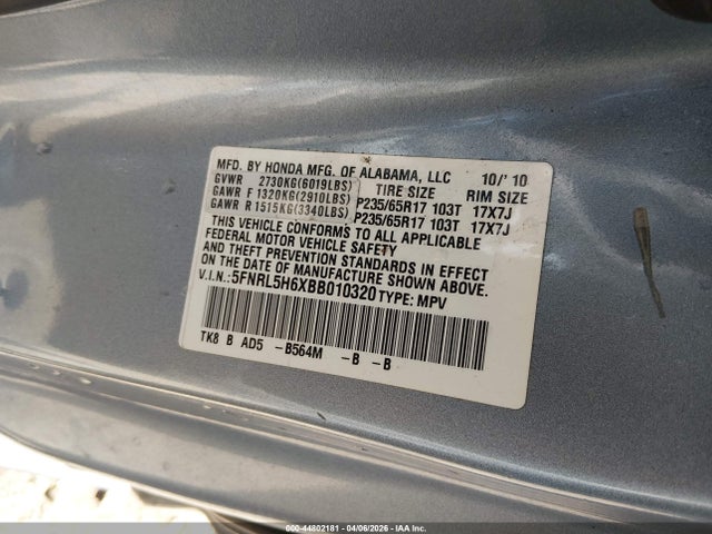44802181 :رقم المزاد ، 5FNRL5H6XBB010320 vin ، 2011 Honda Odyssey Ex-l مزاد بيع