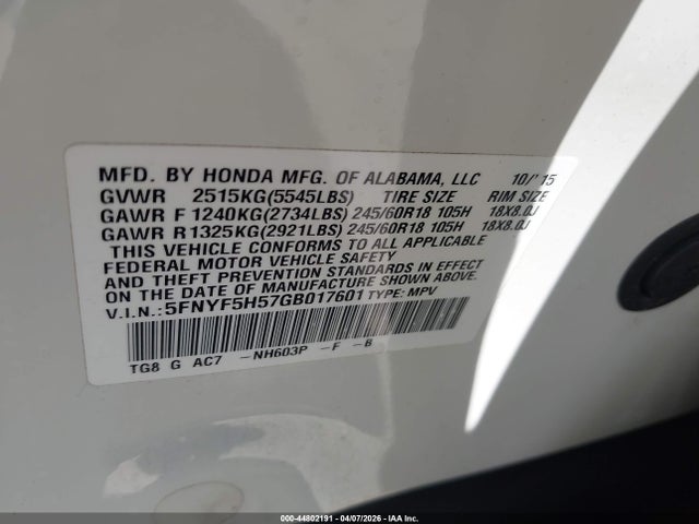 5FNYF5H57GB017601 Honda Pilot Ex-l