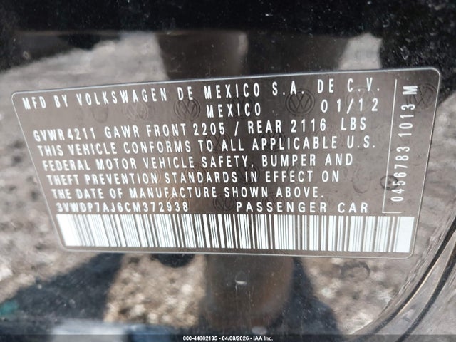44802195 :رقم المزاد ، 3VWDP7AJ6CM372938 vin ، 2012 Volkswagen Jetta 2.5l Se مزاد بيع