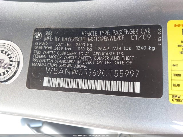 2009 Bmw 550i მანქანა იყიდება აუქციონზე, vin: WBANW53569CT55997, აუქციონის ნომერი: 44802201