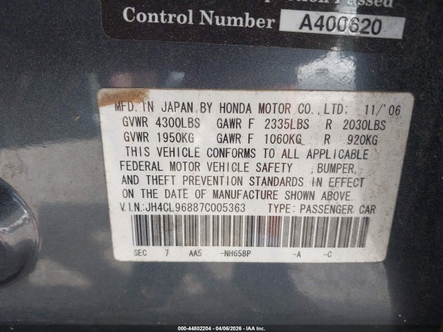 2007 Acura Tsx მანქანა იყიდება აუქციონზე, vin: JH4CL96887C005363, აუქციონის ნომერი: 44802204